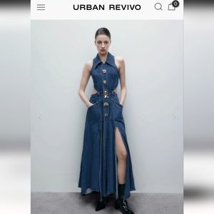 Urban Revivo CUT-OUT SLEEVELESS LAPEL DENIM DRESS